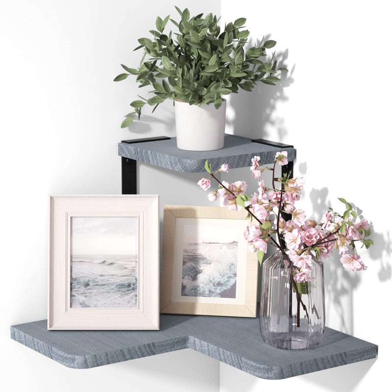 SRIWATANA Rustic Corner Shelf, 2-Tier Wood Wall Shelf, Wall Mounted Storage Shelves for Bedroom, Living Room, Bathroom, Weathered Grey - Image 1